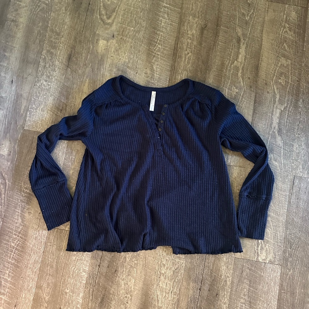 Anthropologie Dark Blue Long Sleeve Top Thermal Waffle Shirt Sweater Button Up M